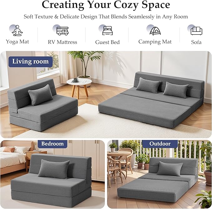 Youzi Folding Sofa Bed Convertible Sleeper Chair with Pillow 4-in-1 Foldable Mattress Futon Couch Bed to Lounge Chair for Living Room Bedroom Dorm &amp Guest Washable Cover Dark Gray Single