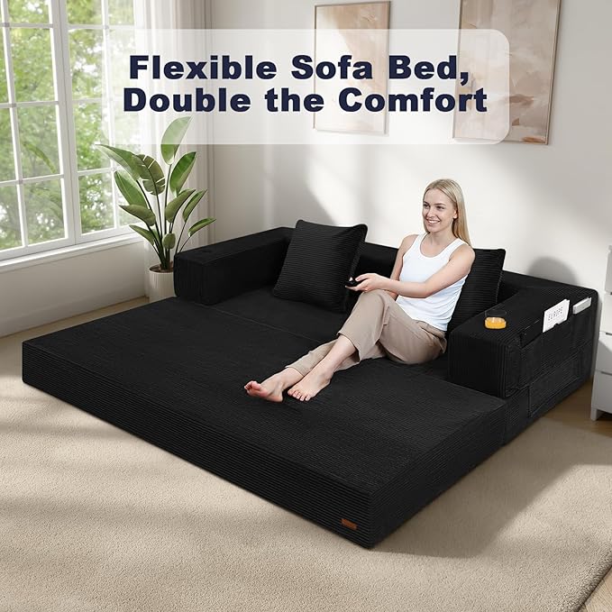 COMAX Boneless Couch Futon Sofa Bed Couches Versatile Queen for Living Room 79 4 in 1 Convertible Sleeper Corduroy Couch Foam in a Box Foldable Fold Out Floor Mattress No Assembly Required Black
