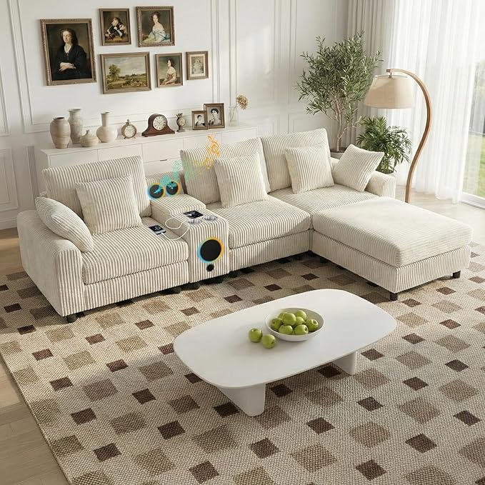 114 Corduroy Sectional Modular Couch with Speakers L Shaped Couches Comfy Deep Sofa with Console USB Charger Cup Holders Storage Ottoman for Living Room (Beige 114in)
