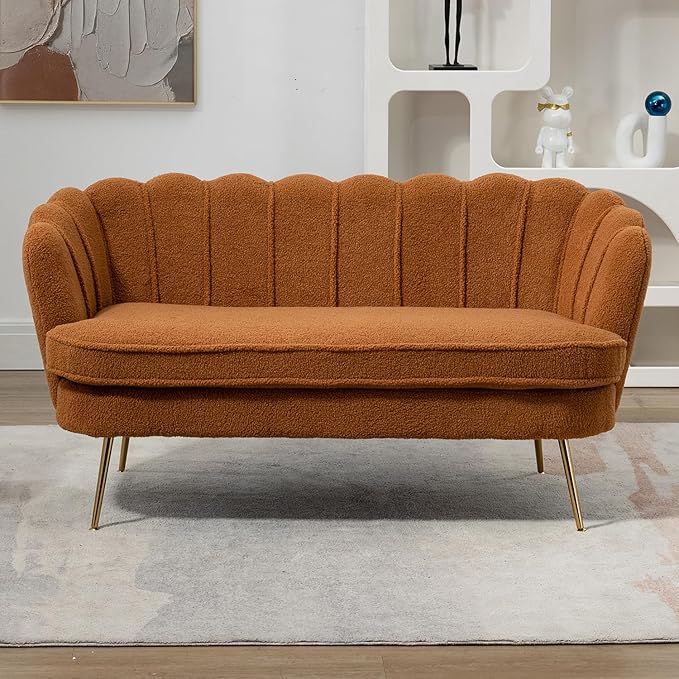 Anwick 59 Small Modern Chenille Loveseat Sofa 2-Seater Sofa with Gold Metal Legs Small Couch with Flower Shaped Back for Living Room Bedroom Office (Caramel)