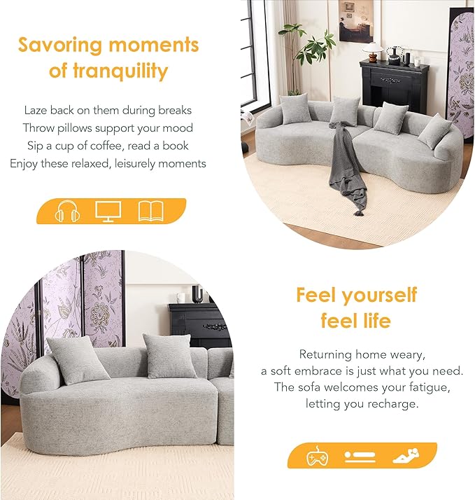 Oversized Sectional Boneless Sofa for Living Room 110 Modern Luxury Chenille Sofa 4-Seater Extra Deep &amp Wide Seat Curved Cloud Couch with 4 Throw Pillows Grey