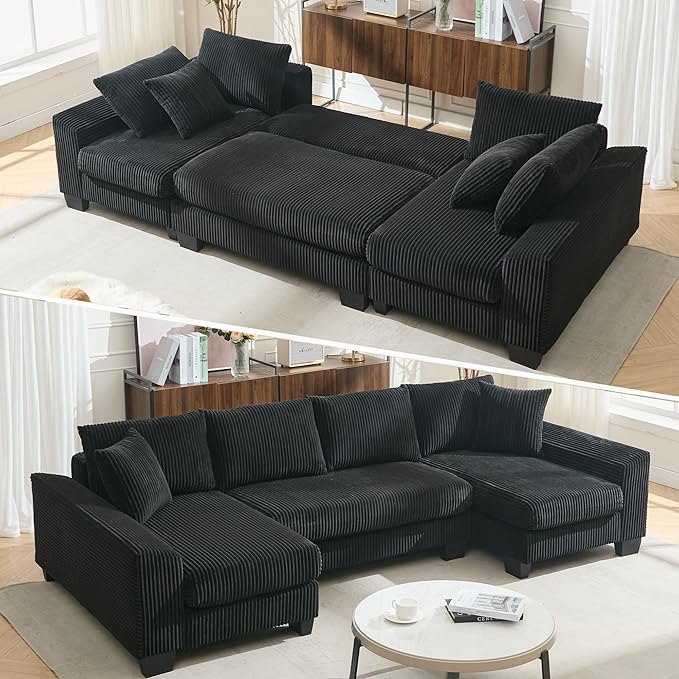 114 U-Shaped Sleeper Sofa with Pull Out Bed 3 in 1 Convertible Couch Bed Oversized Sectional Modular with Chaise Lounge Modern Comfy Plush Corduroy Black Couches for Living Room (Black)