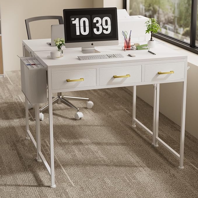 Small White Computer Desk with 3 Fabric Drawers for Home Office Bedroom Vanity Desk with Drawer Storage and Side Pouch Study Writing Table for Small Spaces White