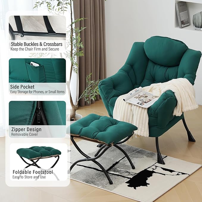 Lazy Chair with Ottoman Modern Accent Chair with Armrests and a Side Pocket Dark Green Accent Chairs Reading Chairs Oversized Armchairs for Bedroom Study Living Room Courtyard