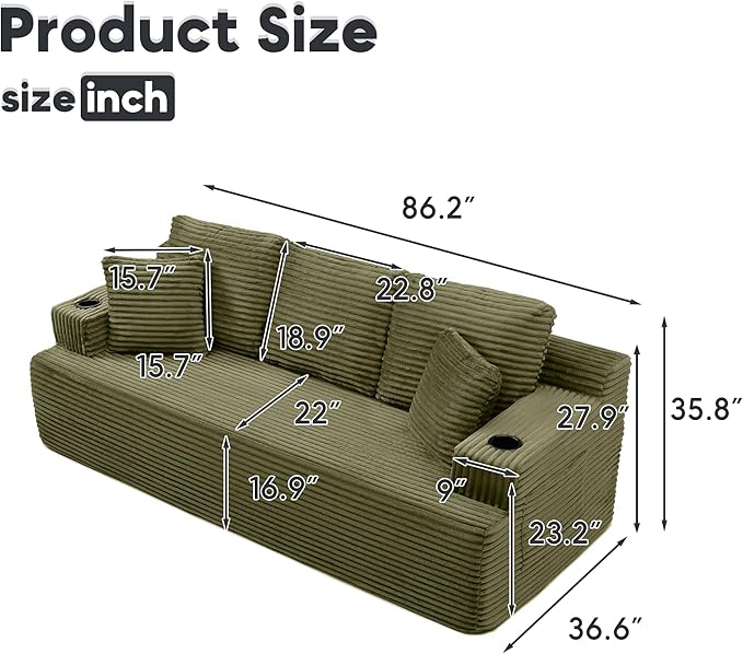 86.2'' Boneless Sofa Couch with Cup Holders &amp Side Pockets Modern Corduroy Fabric Upholstered 3-seat Couch with 2 Throw Pillows for Living Room Office No Assembly (Green)