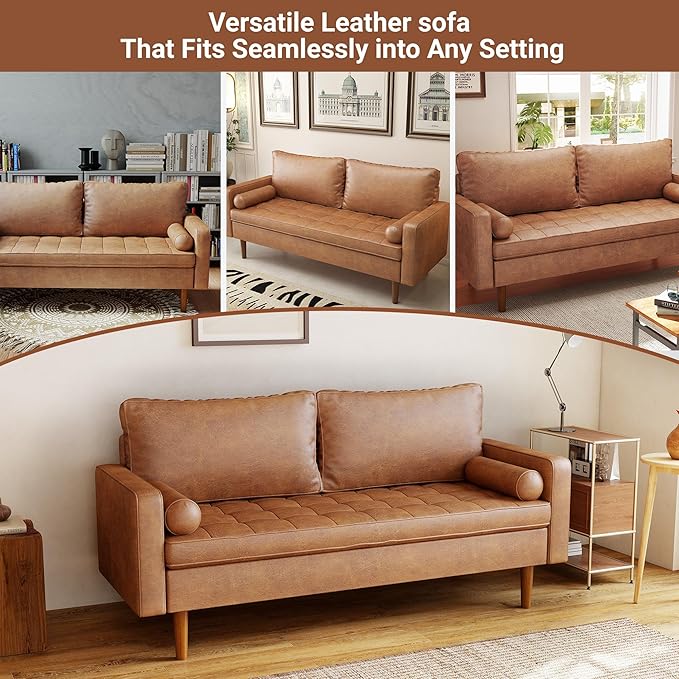 70 Loveseat Sofa Couch Mid-Century Vintage Couches 2 Seat Faux Leather with Solid Wood Frame Deep Seat 2 Pillows for Living Room Apartment Office Small Spaces Brown