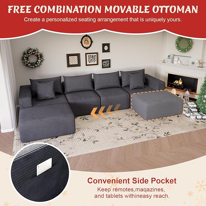 Modular Cloud Couch Sectional Deep Seat No-Bone Corduroy Sofa with Ottoman Oversized Comfy Modular Sofa for Living Room Bedroom Apartment No Assembly Flexible Layout (Gray 108 Inch-L)