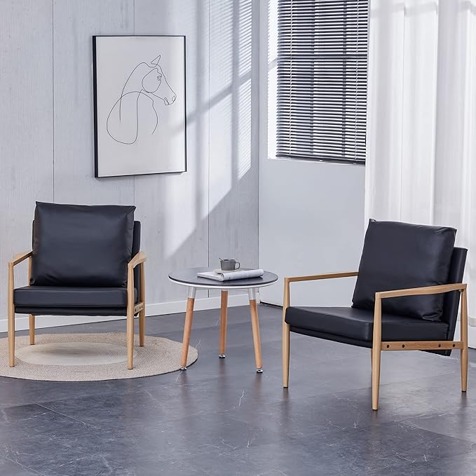 Generic Sofa Chair.Black PU Leather Accent Arm Chair Mid Century Modern Upholstered Armchair with Imitation Solid Wood Color Metal Frame Padded Backrest and Seat Cushion Sofa Chairs for Living Room