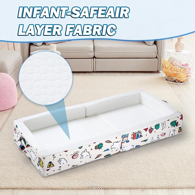 Portable Foldable Toddler Travel Bed – Air Layer Fabric Soft Foam Floor Crib with Safety Rails No Assembly Washable Cover Compact Kids Sleep Solution for Home Trips &amp Daycare Cream