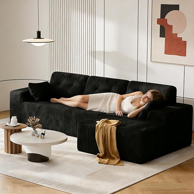 Ball &amp Cast 106'' Convertible Sectional Sofa for Living RoomModern Modular L-Shaped CouchBoneless Comfy Corduroy Fluffy Couch with Deep SeatHight Weight CapacityRight Facing Chaise (Black)