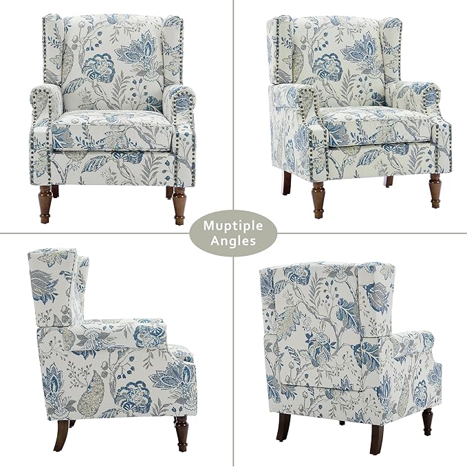 Lumibee High Back Accent Chair Set of 2 Armchair in FabricComfy Upholstered Wingback Single Sofa Reading Chairs with Solid Wood Legs for Living RoomBedroomOffice-Plants Blue