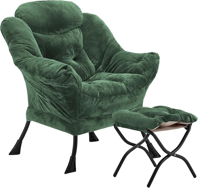 Lazy Chair with Folding Ottoman Accent Chair Plush Upholstered with Metal Structure and Non-Slip Pads Sofa Armchair with Footrest and Side Storage Bag for Dorm Room Office Green