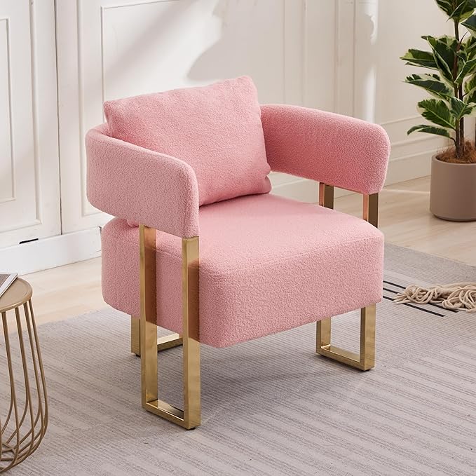 YITAI Modern Accent Chairs no Wheels Living Room Side Chairs Set of 2 with Golden Metal Legs Barrel Soft Teddyt Upholstered Reading Armchairs for OfficeStudyReception RoomBedroomLoungePink