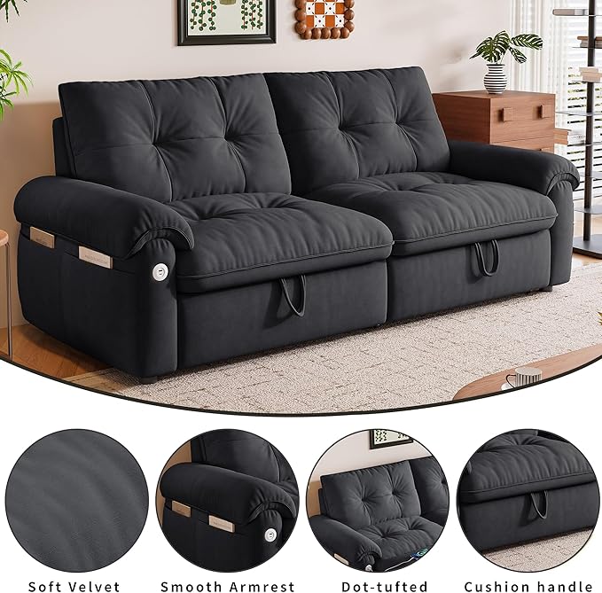 77 Pull Out Sofa Bed Velvet Convertible Sleeper Couch Loveseat Chaise Lounge with Side Pockets and USB Pullout Futon Sofa Bed for Living Room Bedroom Small Spaces RV (Grey)