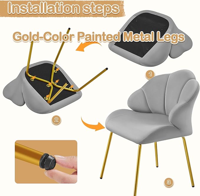 Yaheetech Vanity Chair Velvet Accent Chair with Shell-Shaped Backrest Modern Armchair with Gold Metal Legs for Dressing Room/Bedroom/Living Room Light Gray