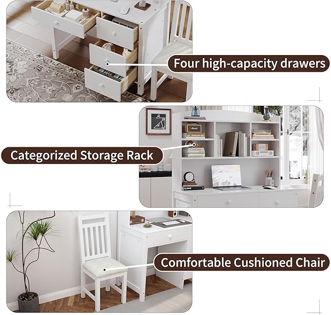 Wooden 40'' Home Office Desks with Bookshelf and Upholstered Chair Versatile Writing Desk Office Study Workstation with 4 Drawers and Storage Shelf for Office Study Room Bedrooms (White-Wood)