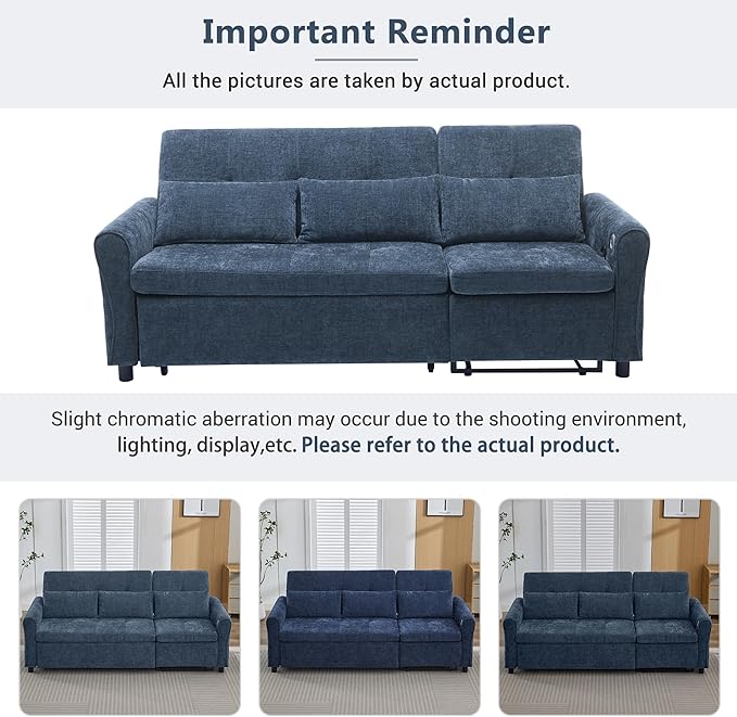 Polibi 2-in-1 Convertible Sofa Bed &amp Recliner - 3-Position Adjustable Backrest (105°-180°) Reversible Design Dual USB Ports 82 Wide Blue