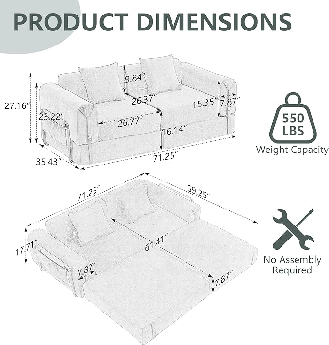 GNIXUU 71.3 Convertible Sleeper Sofa Bed Modern Convertible Boneless Couch with Foldable/Pull Out Bed Compressed Modular Futon Couch with Pillows &amp Storage Pocket for Living Room Bedroom Gray