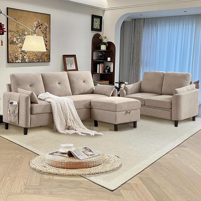 2 Piece Sofa Set Modern 3 Seater Sofa and Loveseat Sets Convertible Sectional Couch with Reversible Chaise L Shaped Couch Sets for Living Room ApartmentBeige