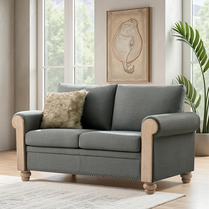 HULALA HOME 60 Farmhouse Loveseat Sofa with Solid Wood Spindle Legs 2 Seater Small Sofa with Rolled Wide Armrests Comfy Upholstered Loveseat Couch with Nailhead Trims Charcoal