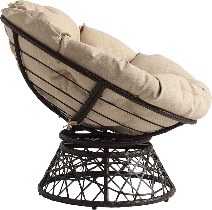 OSP Home Furnishings Wicker Papasan Chair with 360-Degree Swivel Brown Frame with Cream Cushion