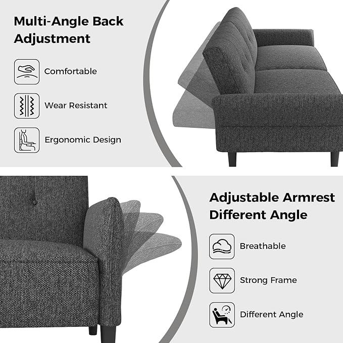 89” Futon Sofa BedComfy Futon Couch Bed with 2 Square PillowsConvertible Sleeper Sofa with Adjustable Backrest&amp Armrests Modern Loveseat Sleeper for Living Room Bedroom Linen Dark Gray