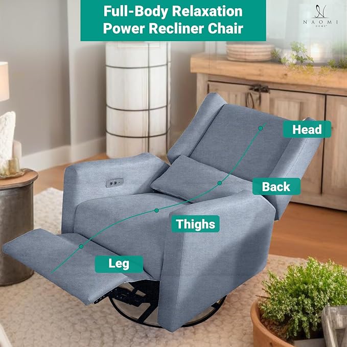 Naomi Home Tanya Luxury Motion Recliner Chair Gray – Plush Upholstered Glider Rocker with USB Charging Swivel and Lumbar Support for Nursery Comfort 275 lbs Capacity