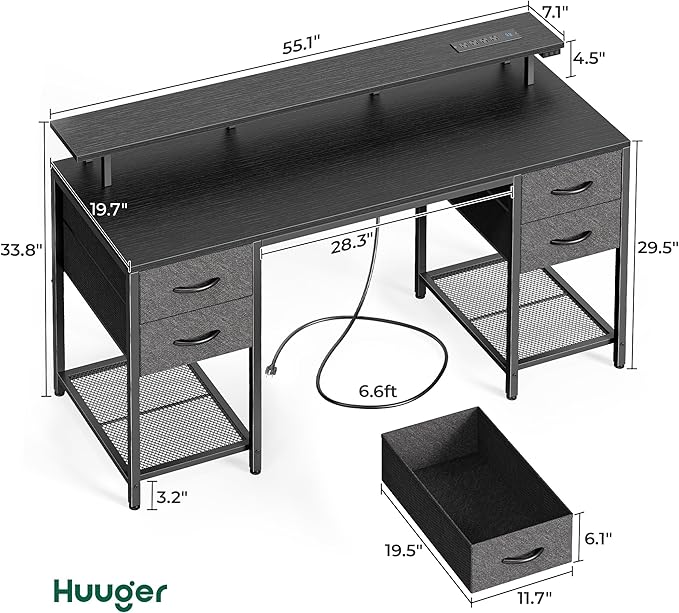 Huuger 55 inch Computer Desk with 4 Drawers Gaming Desk with LED Lights &amp Power Outlets Home Office Desk with Large Storage Space for Bedroom Work from Home Black