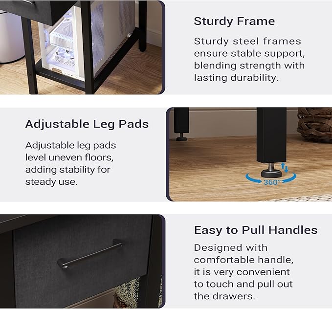 Black Computer Desk with Drawers 42 Inch Home Office Desk Study Writing Table Gaming Desk with USB Power Outlets Office Desk with Fabric Drawer Work Table with Shelf for Bedroom Black