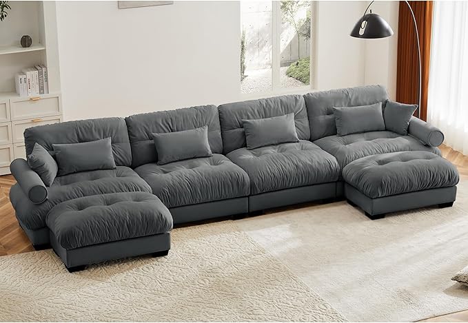 Oversized Modular Sectional Sofa 166 Inch U Shaped Couch Set for Living Room 4-Seater Comfy Velvet Cloud Couches with Movable Ottoman Round Bolster Armrest Grey