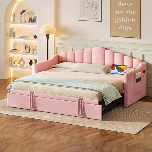 Bellemave Upholstered Twin Daybed with Pop Up Trundle USB &amp Type-C Charging Ports 2 Side Pockets No Box Spring Needed Velvet Modern Day Bed Frame (Pink)