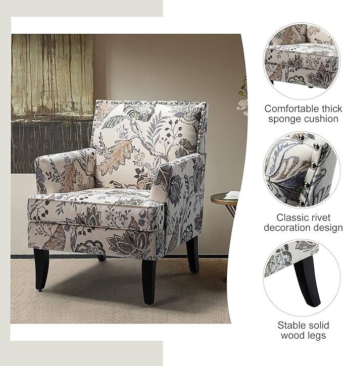 HULALA HOME Modern Accent Chair with Arms and Wooden Legs Floral Patterned Accent Chair Armchair High Back Rest Padded Armrest and Comfortable Cushioned Seat for Living Room (Orange Grey Floral)