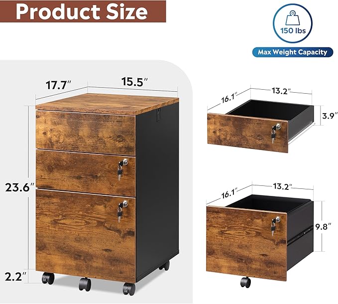 DEVAISE 3 Drawer Rolling File Cabinet with Lock Wood Under Desk Filing Cabinet fits Letter/Legal/A4 Size for Home Office Rustic Brown