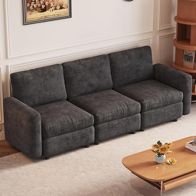 3 Seaters Modular Sectional Sofa 3 Seat Sofa Modern Sectional Couches with Deep Seats for Living Room Upholstered Couch with Soft Backrest 90.15 L Dark Grey (No Ottoman)