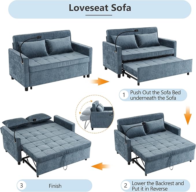 3 in 1 Convertible Sleeper Sofa Bed with Pull-out Bed 61 Chenille Chaise Lounge with 3-level Adjustable Backrest Tufted Loveseat with Phone Holder &amp 2 Soft Pillows for Living Room Apartment Bl