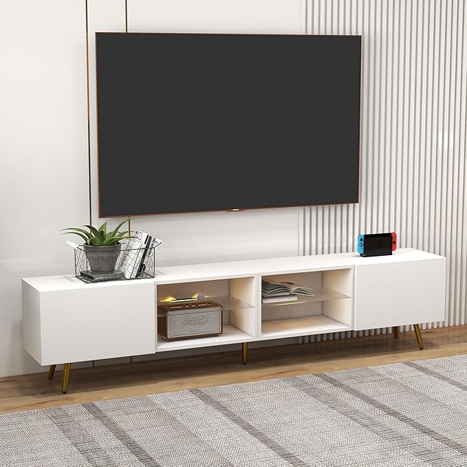 Bonzy Home 86 LED TV Stand Modern Entertainment Center up to 75 80 85 TV Television Console Table with Storage Cabinets for Living Room White