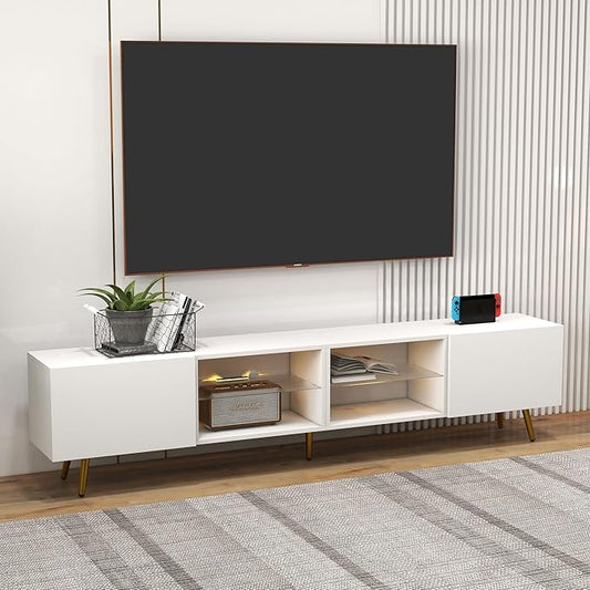 Bonzy Home 86 LED TV Stand Modern Entertainment Center up to 75 80 85 TV Television Console Table with Storage Cabinets for Living Room White