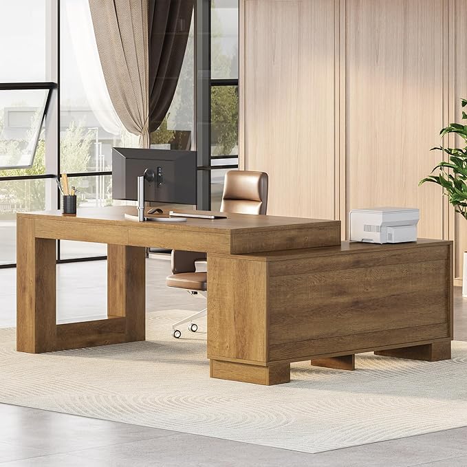 LITTLE TREE 63 L Shaped Executive Desk with Storage Farmhouse Home Office Desk with 2-Tier Cabinets and Shelves Large Wooden Computer Table Business Furniture Workstation Set Brown