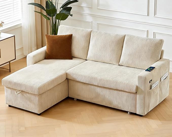 WEUP 82 L Shaped Sectional Sleeper Sofa Bed with Pull Out Bed Sectional Sleeper Couch Pull Out Couch with Reclining Backrest/Reversible Storage Chaise/USB Ports/Tool-Free Assembly Corduroy Beige