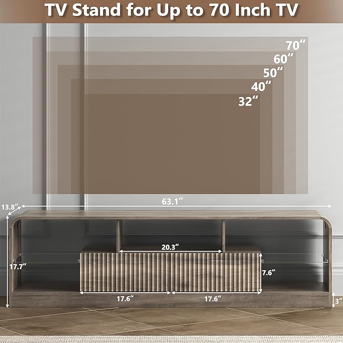 TV Stand for 60/65/70 Inch TVs Modern Curved TV Console with LED Lights 2 Drawers &amp Glass Shelves Living Room Entertainment Center