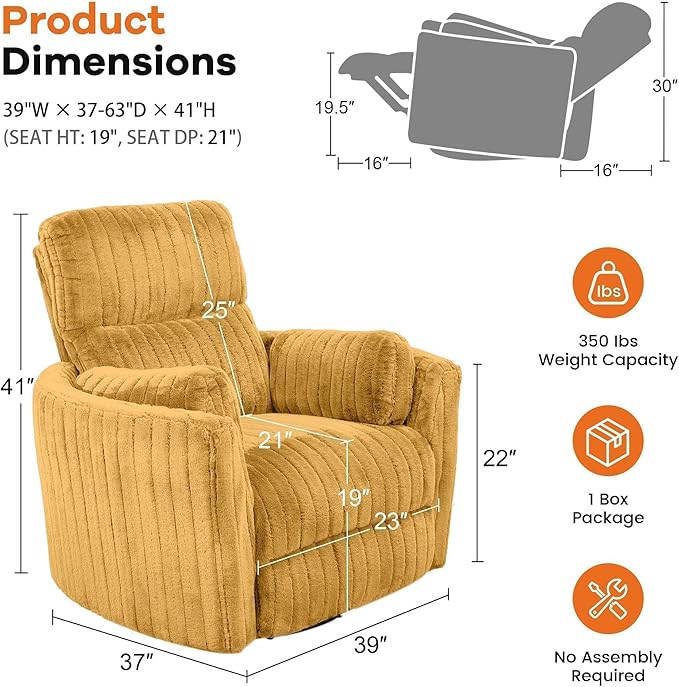 leovanni Power Swivel Rocker Recliner Chair USB Ports Electric Nursing Reclining Chairs Chenille Upholstered Nursery Glider Rocking Chair with 2 Pillows for Bedroom Living Room Yellow