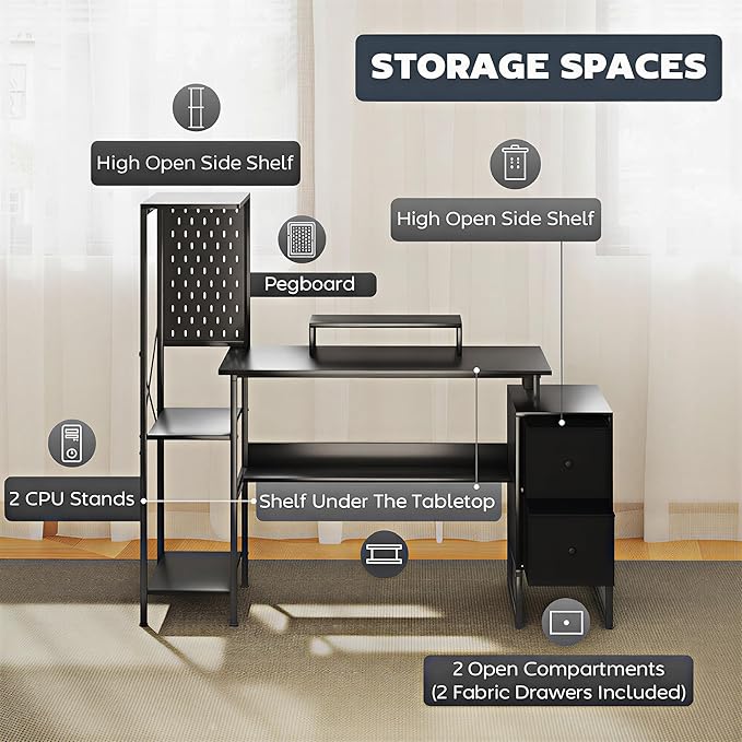 HOMCOM 56 Gaming Desk with Monitor Stand Power Outlets and LED Lights Computer Desk with Storage Shelves Fabric Drawers 2 CPU Stands Pegboard for Home Office Black