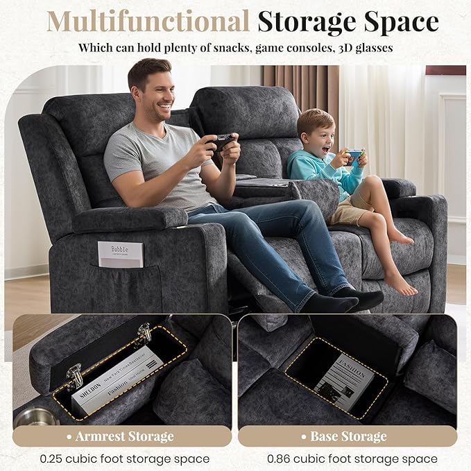 Power Reclining Loveseat Sofa with Bluetooth Function One-Touch Home Theater Seating Couch with LED Light/Console/StorageRV Wall Hugger Double Recliner for Living Room&ampHome Theater(Velvet Gray)