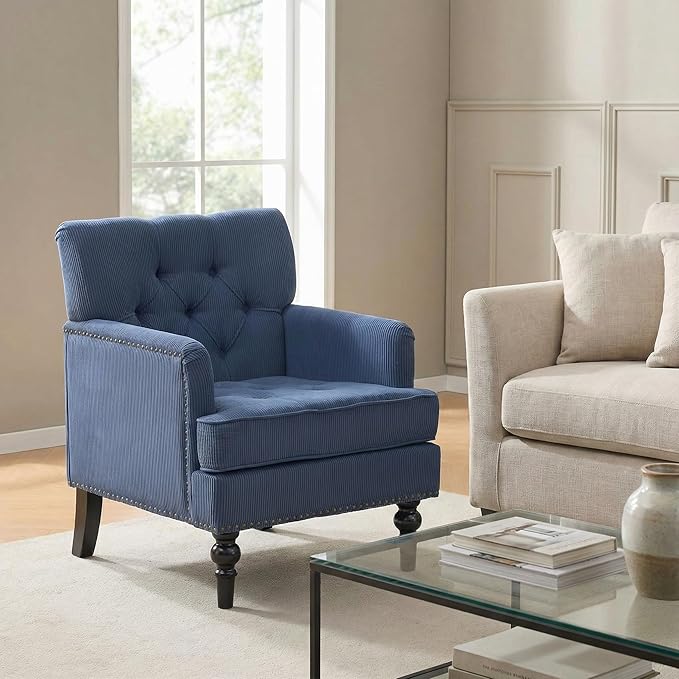 Accent Armchair Tufted Club Chair Upholstered Button Armchair with Lumbar Pillow Linen Fabric Sofa Chairs for Bedroom Living Room Mid Century Modern Reading Chair with Studded Blue
