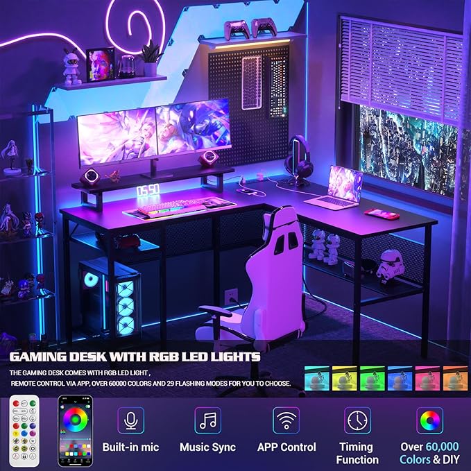 Unikito L Shaped Desk Reversible Corner Computer Desk with Magic Power Outlets and Smart LED Light Unique Grid Design 55 Inch Office Desk with Monitor Stand and Storage Shelf Black