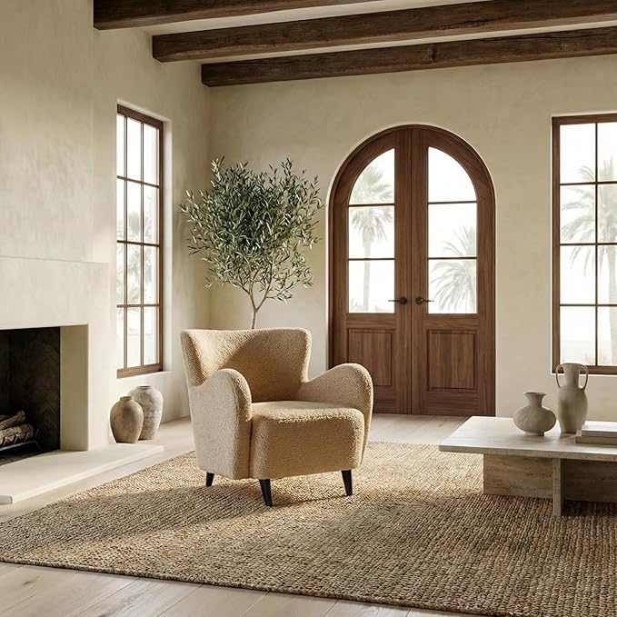 SAFAVIEH Couture Collection Rayanne Modern Light Brown Faux Lamb Wool Wingback Chair (Fully Assembled)