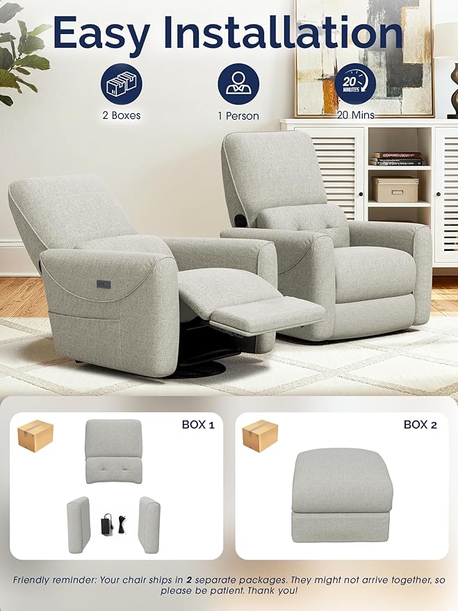 KINGYES Power Recliner Chair 270° Swivel Glider Living Room Recliner with USB-C Port Nursery Rocking Chair Gray