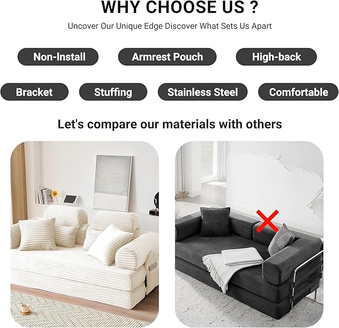 79 Boneless Couch with High Backrest Headrest Comfy Modular Foldable Floor Sleeper Sofa 5-in-1 Convertible Sofa Bed for Living Room Bedroom Lounge Studio White