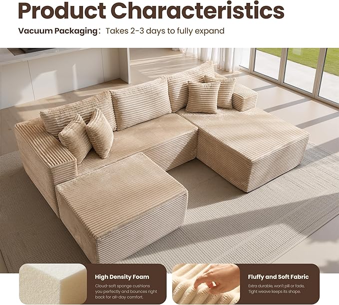 108 L Shaped Couch with Movable Ottoman Beige Boneless Memory Foam Modular Sectional Sofa with Right Facing Chaise Upholstered Corduroy U Couches for Living Room Bedroom No Assembly Required
