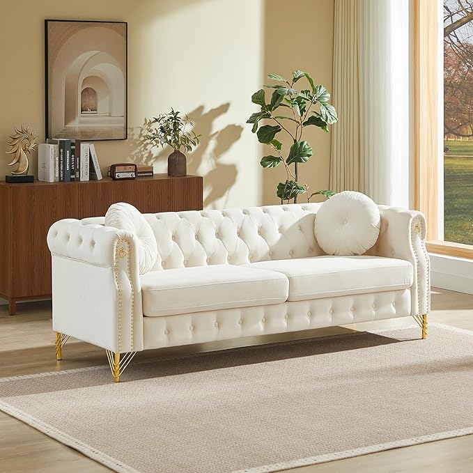 Antetek 82-inch 3-Seater Chesterfield Sofa Oversized Mid Century Modern Sofa Couch with Button Tufting &amp Rolled Arms Comfy Upholstered Velvet Deep Seat Couch for Living Room Office Beige